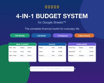 4-in-1 Budget System | Bi-Weekly, 50/30/20, Freelancer, Meal Planner (Google Sheets)