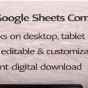 Op de afbeelding: Afbeelding met tekst: "Google Sheets Compatible", "Works on desktop, tablet & phone", "Fully editable & customizable", en "Instant digital download". De tekst staat op een lichte achtergrond met een wolk-icoon.