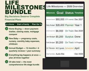 Life Milestones Bundle Google Sheets | Home Buying + New Baby + Annual Budget | 35 Tabs | 3 Planners