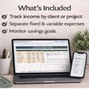 Op de afbeelding: Een laptop en smartphone met financi&euml;le gegevens, met de tekst "What's Included" bovenaan. Het laptopscherm toont een spreadsheet en de telefoon toont een lijst. De afbeelding bevat ook een pennenhouder en een kleine plant.