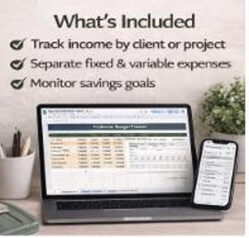 Op de afbeelding: Een laptop en smartphone met financi&euml;le gegevens, met de tekst "What's Included" bovenaan. Het laptopscherm toont een spreadsheet en de telefoon toont een lijst. De afbeelding bevat ook een pennenhouder en een kleine plant.