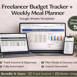 Op de afbeelding: Een digitale productafbeelding met een laptop, tablet en smartphone die een Google Sheets-sjabloon "Freelancer Budget Tracker" en "Weekly Meal Planner" weergeven. De afbeelding bevat de tekst "Track Income & Expenses", "Plan Meals & Grocery Lists", "Fully Automated" en "Instant Download".