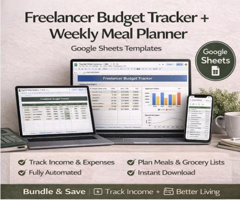 Op de afbeelding: Een digitale productafbeelding met een laptop, tablet en smartphone die een Google Sheets-sjabloon "Freelancer Budget Tracker" en "Weekly Meal Planner" weergeven. De afbeelding bevat de tekst "Track Income & Expenses", "Plan Meals & Grocery Lists", "Fully Automated" en "Instant Download".