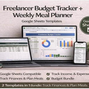 Op de afbeelding: Een laptop, computermonitor en smartphone tonen een Google Sheets-sjabloon "Freelancer Budget Tracker" en "Weekly Meal Planner". De afbeelding bevat een rekenmachine, een koffiemok en tekst met de tekst "Google Sheets Compatible" en "Track Income & Expenses".