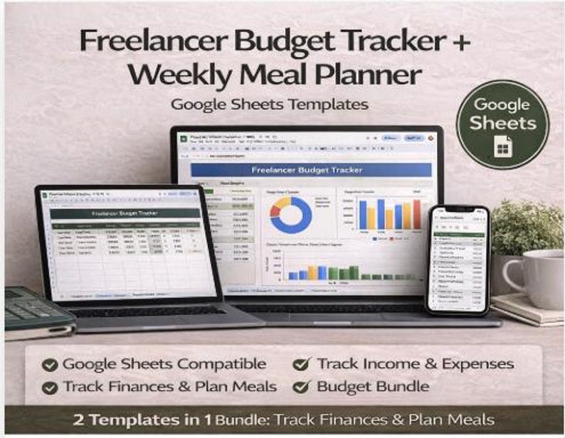 Op de afbeelding: Een laptop, computermonitor en smartphone tonen een Google Sheets-sjabloon "Freelancer Budget Tracker" en "Weekly Meal Planner". De afbeelding bevat een rekenmachine, een koffiemok en tekst met de tekst "Google Sheets Compatible" en "Track Income & Expenses".