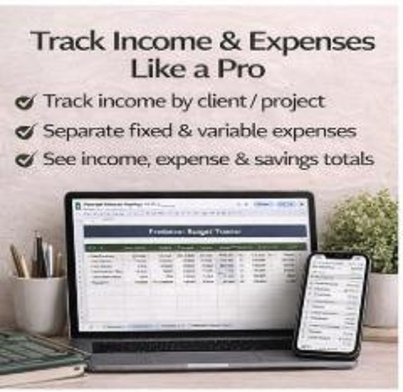 Op de afbeelding: Een laptop en smartphone met een spreadsheet, met de tekst "Track Income & Expenses Like a Pro". De afbeelding bevat een pennenhouder met pennen, een notitieboek en een kleine plant.