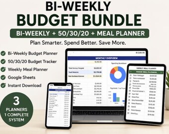 Bi-Weekly Budget Planner Bundle | 50/30/20 Tracker, Meal Planner (Google Sheets Download)