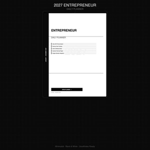 May include: A digital daily planner titled 2027 ENTREPRENEUR displayed on a screen. The white page features black text including Daily CEO Priority System, Revenue Goal Tracking, Client & Meeting Notes, Quarterly Planning Pages, and Google Calendar Integration with an Open Planner button.