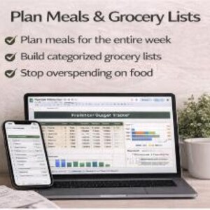 Op de afbeelding: Een laptop en smartphone tonen een budgetteringsapp, met de tekst "Plan Meals & Grocery Lists". Het scherm toont een spreadsheet met grafieken. De tekst bevat ook "Plan maaltijden voor de hele week", "Maak gecategoriseerde boodschappenlijsten" en "Stop met te veel uit te geven aan eten."