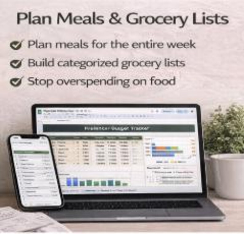 Op de afbeelding: Een laptop en smartphone tonen een budgetteringsapp, met de tekst "Plan Meals & Grocery Lists". Het scherm toont een spreadsheet met grafieken. De tekst bevat ook "Plan maaltijden voor de hele week", "Maak gecategoriseerde boodschappenlijsten" en "Stop met te veel uit te geven aan eten."