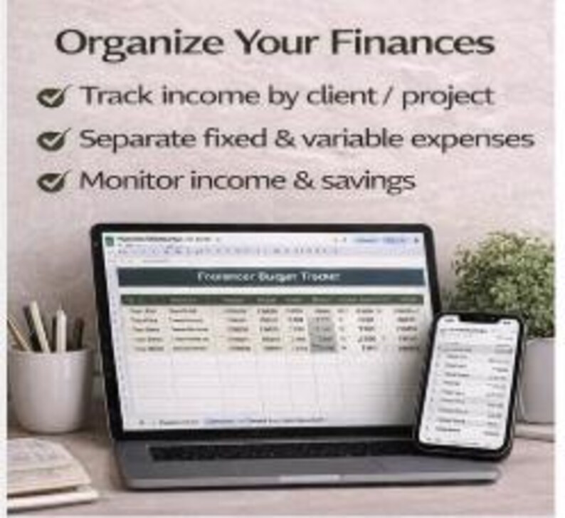 Op de afbeelding: Een laptop en smartphone met een spreadsheet, met de tekst "Organiseer uw financi&euml;n". De afbeelding bevat een potloodhouder, een kleine plant in een pot en de tekst: "Volg inkomsten per klant/project", "Scheid vaste en variabele uitgaven" en "Monitor inkomsten en besparingen."
