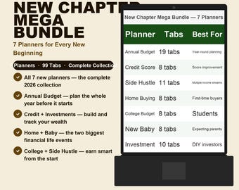 New Chapter Mega Bundle Google Sheets | 7 Planners | 72 Tabs | Annual Budget Credit Investing Home Baby