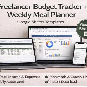 Op de afbeelding: Afbeelding van een laptop, tablet en smartphone met een "Freelancer Budget Tracker + Weekly Meal Planner" sjabloon. De Google Sheets-sjablonen zijn volledig geautomatiseerd en stellen gebruikers in staat om inkomsten en uitgaven bij te houden, maaltijden te plannen en direct te downloaden.