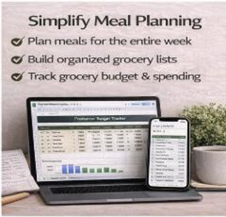 Op de afbeelding: Een laptop en smartphone met informatie over maaltijdplanning. Het laptopscherm toont een spreadsheet met grafieken, terwijl de telefoon een lijst weergeeft. Tekst: Simplify Meal Planning, Plan meals for the entire week, Build organized grocery lists, Track grocery budget & spending.