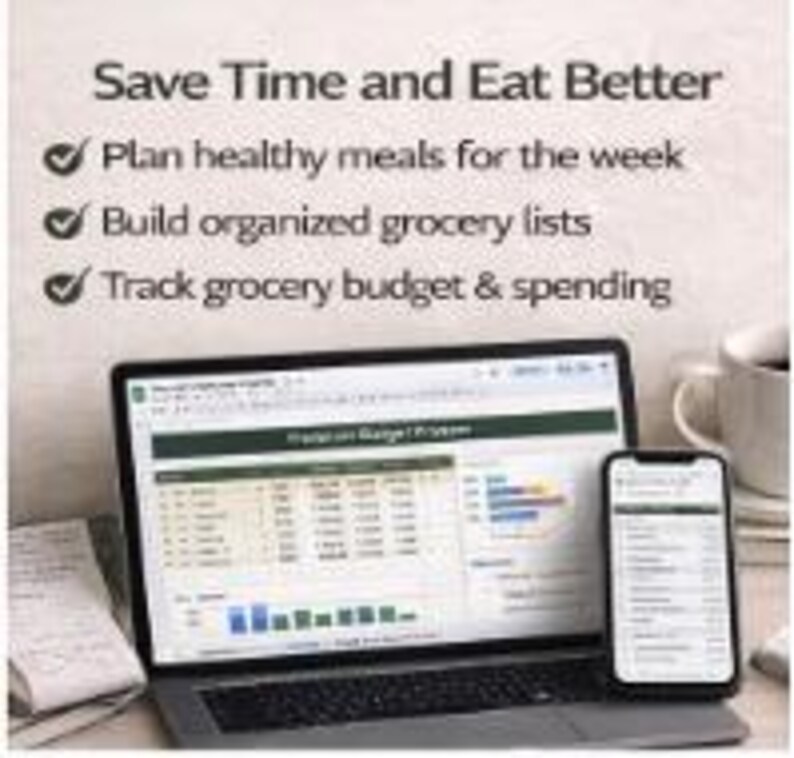 Op de afbeelding: Een laptop en smartphone tonen een spreadsheet met gegevens en grafieken. De tekst "Save Time and Eat Better" staat bovenaan, met opsommingstekens: "Plan gezonde maaltijden voor de week", "Maak georganiseerde boodschappenlijsten" en "Volg het budget en de uitgaven voor boodschappen."