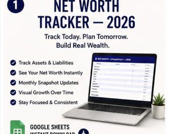 Net Worth Tracker Google Sheets | Assets & Liabilities | Monthly Financial Snapshot Template