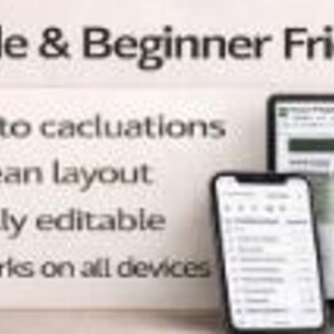 Op de afbeelding: Een smartphone en een laptop tonen een spreadsheet-interface, met de tekst "Simple & Beginner Friendly." De afbeelding bevat ook de tekst "Auto calculations," "Clean layout," "Fully editable," en "Works on all devices."