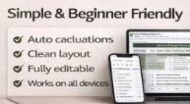 Op de afbeelding: Een smartphone en een laptop tonen een spreadsheet-interface, met de tekst "Simple & Beginner Friendly." De afbeelding bevat ook de tekst "Auto calculations," "Clean layout," "Fully editable," en "Works on all devices."