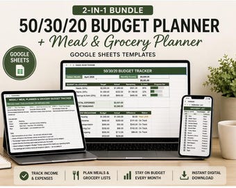 50/30/20 Budget Planner + Meal Grocery Tracker | Google Sheets Bundle (Digital Download)