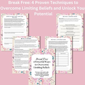 Könnte beinhalten: Ein rosa-weißer Leitfaden mit floralem Muster und dem Titel "Break Free: 4 Powerful Ways to Overcome Limiting Beliefs". Der Leitfaden enthält vier Methoden, um zu helfen, einschränkende Überzeugungen zu identifizieren und zu durchbrechen.