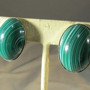 vintage green stone Natural Malachite  clip earrings