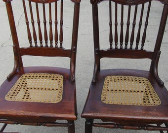 Vintage Oak press back spindle Cain seat chairs