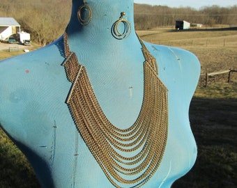 vintage multi chain necklace and hoop post earrings