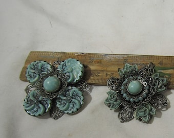 Broche, colgante y pendientes de clip de color turquesa vintage