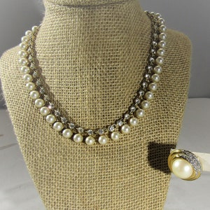 vintage rhinestone/ pearl necklace and  earrings