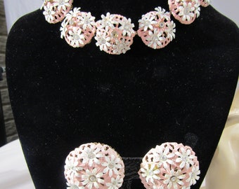 vintage rhinestone pink necklace and pink clip earrings