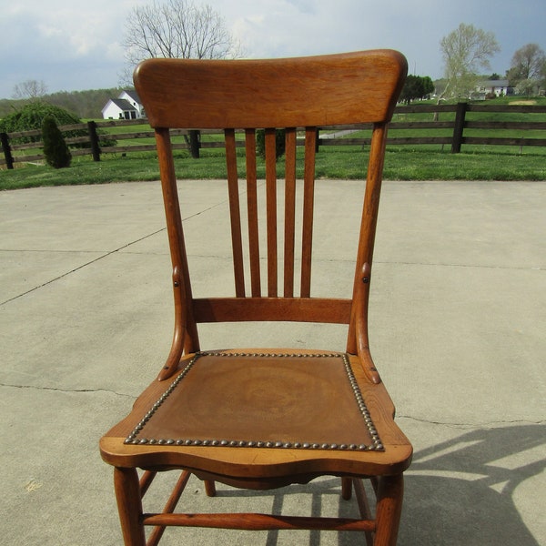 Antique Oak Chair With Leather Seat Etsy