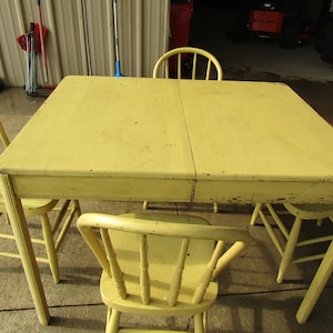 antique vintage yellow chic oak farmhouse table and oak chairs