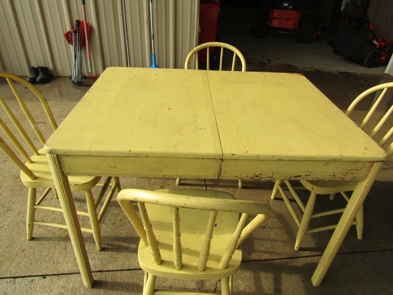 Antique Vintage Yellow Chic Oak Farmhouse Table and Oak Chairs - Etsy