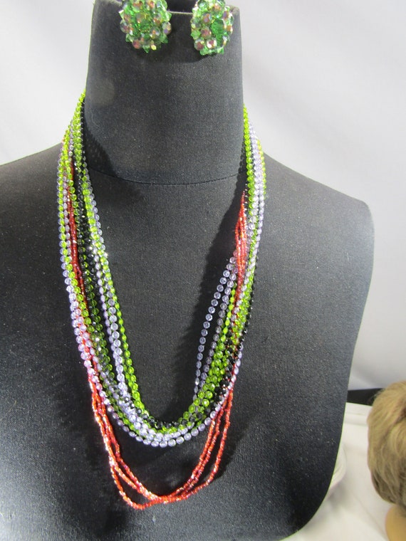 vintage green. purple red beaded necklace  and cl… - image 1