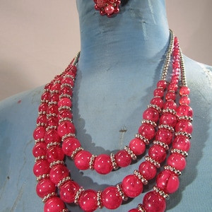 vintage glass 3 strand necklace with clip earrings
