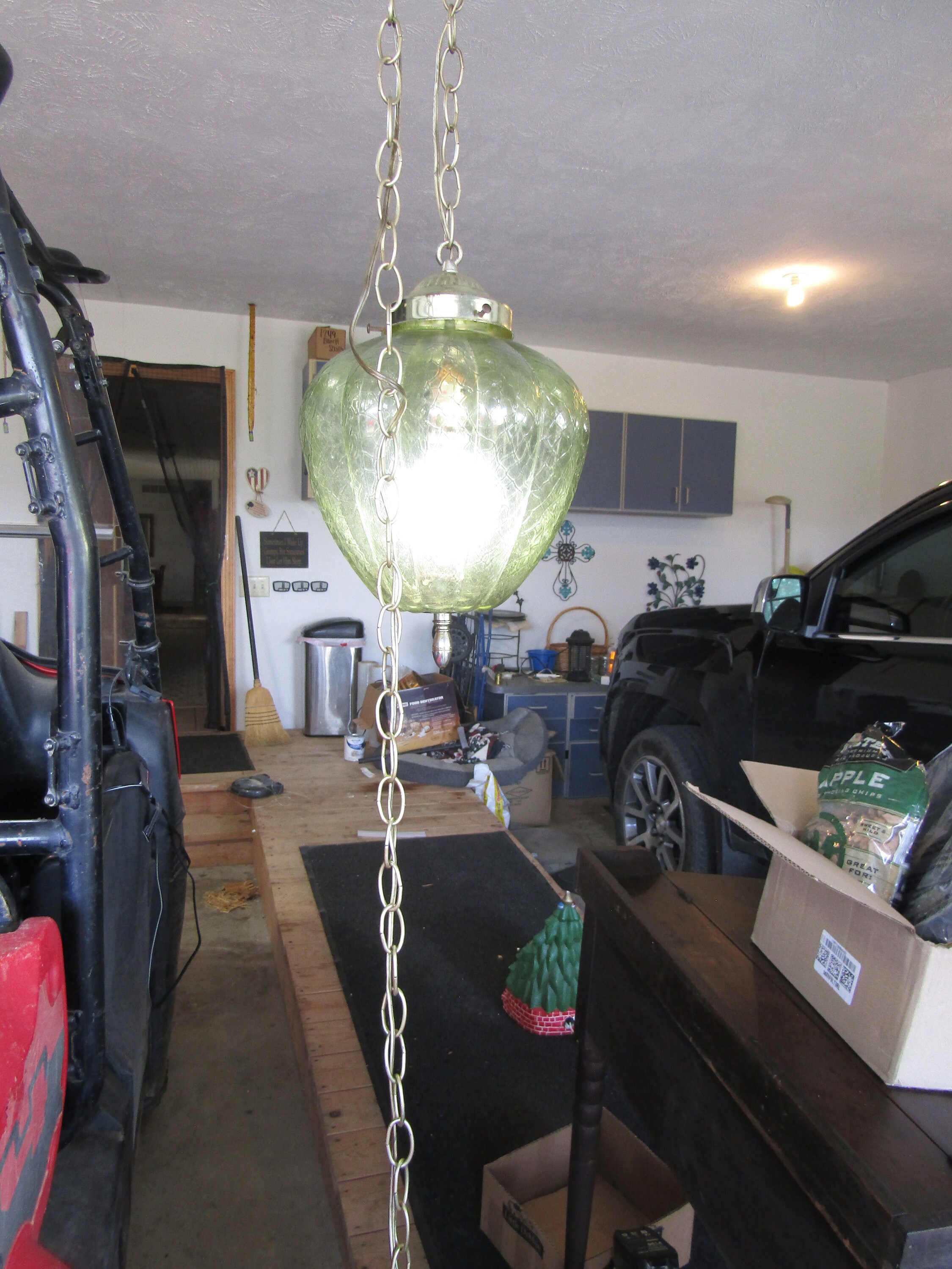 Vintage HANGING Mid Century , Art Deco Lamp, Crackel Green