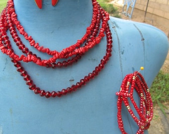 Collar vintage de cristal rojo, pendientes de botón y pulsera
