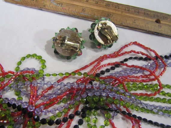 vintage green. purple red beaded necklace  and cl… - image 6