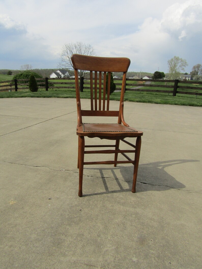 Antique Oak Spindle Back Chair Leather Seat Chair Etsy
