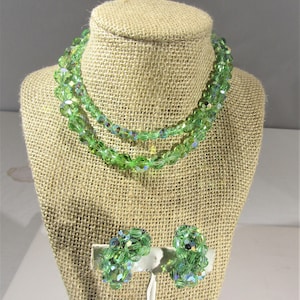 vintage green crystal necklace and clip earrings