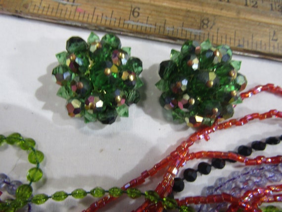 vintage green. purple red beaded necklace  and cl… - image 3