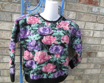vintage hand knit flower wool sweater size sp