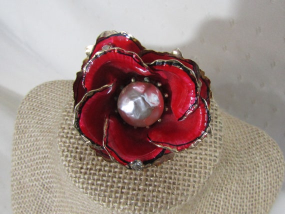 vintage 3d Vendome red flower enamel brooch - image 2