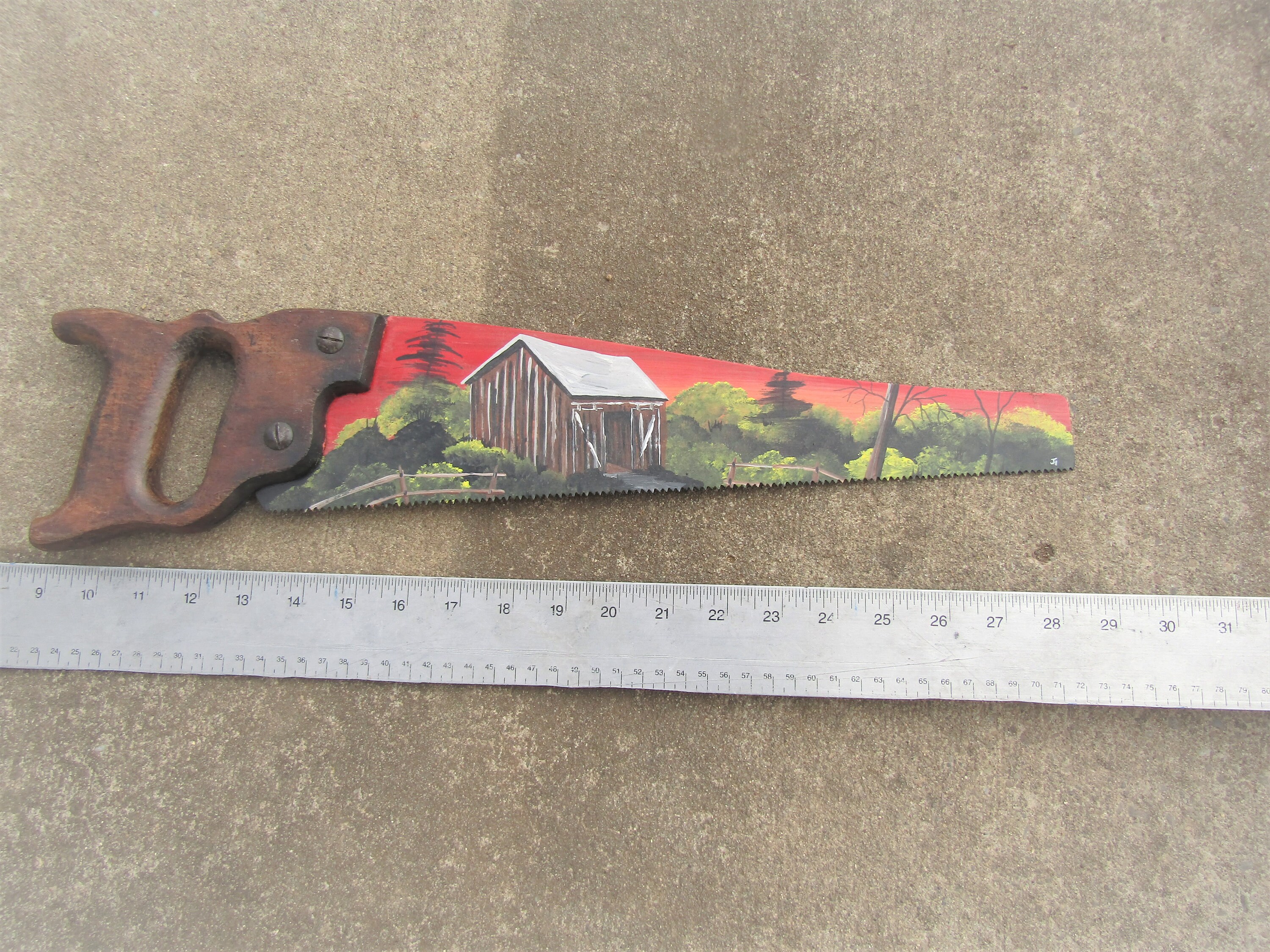 Handbemalte Scheune auf Sägeblatt mit rotem Hinterschliff - Etsy Österreich, image size:3000x2250