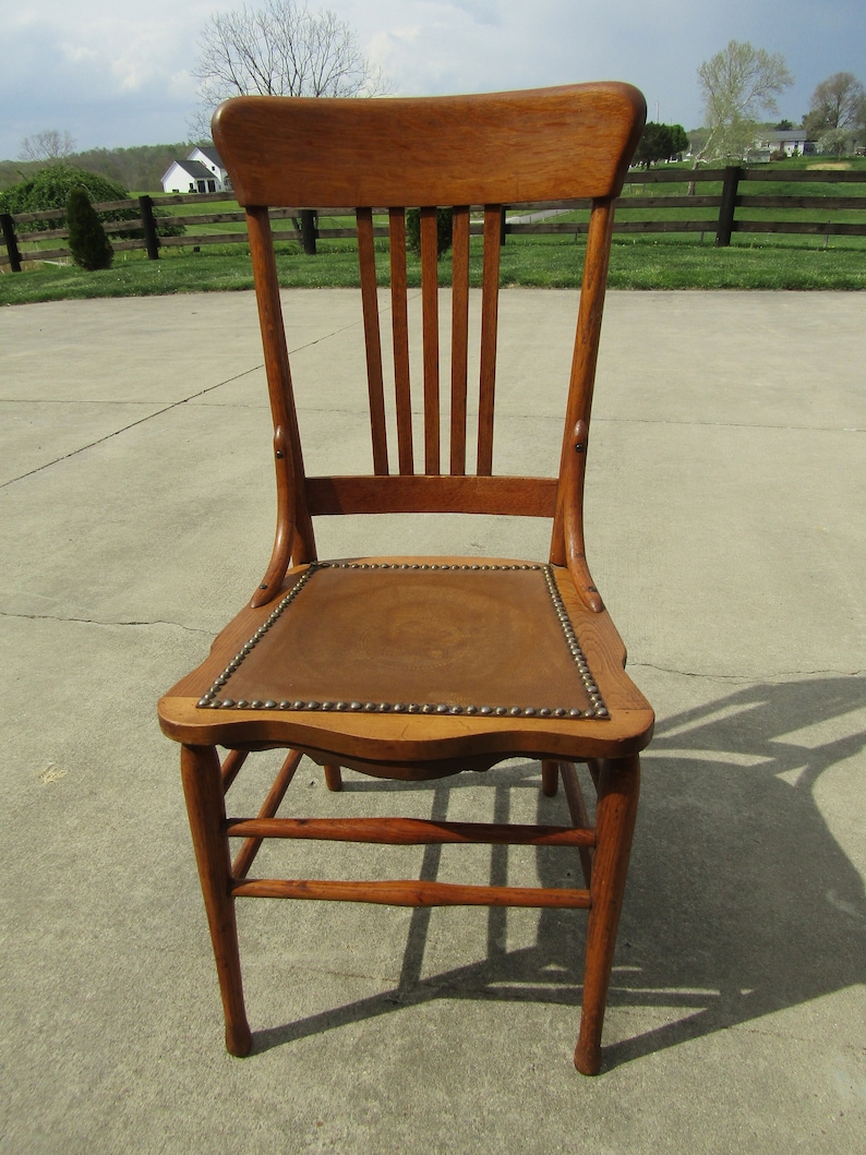Antique Oak Spindle Back Chair Leather Seat Chair Etsy