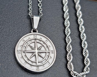 Mens Necklace Compass Pendant, North Star, Silver Steel Pendant, Gold necklace, necklace for men personalised Gifts 2 Chain set