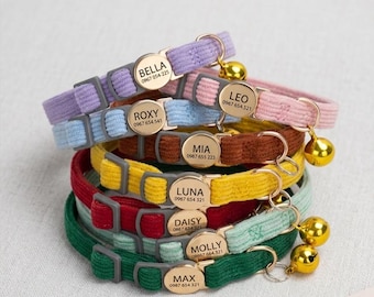 Cat Collar with Bell Breakaway Safety Buckle, Adjustable Personalised Corduroy Multi Color