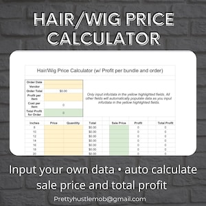 Price Calculator for Hair and Wig business with Profits and COGs Spreadsheet (edit from your phone)