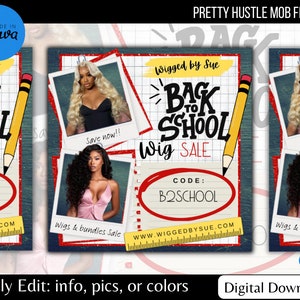 Puede incluir: Un folleto que anuncia una venta de pelucas de regreso a clases. El folleto es rojo, amarillo y azul con un fondo de pizarra. Presenta un lápiz, una regla y el texto "Wigged by Sue" y "Back to School Wig Sale".