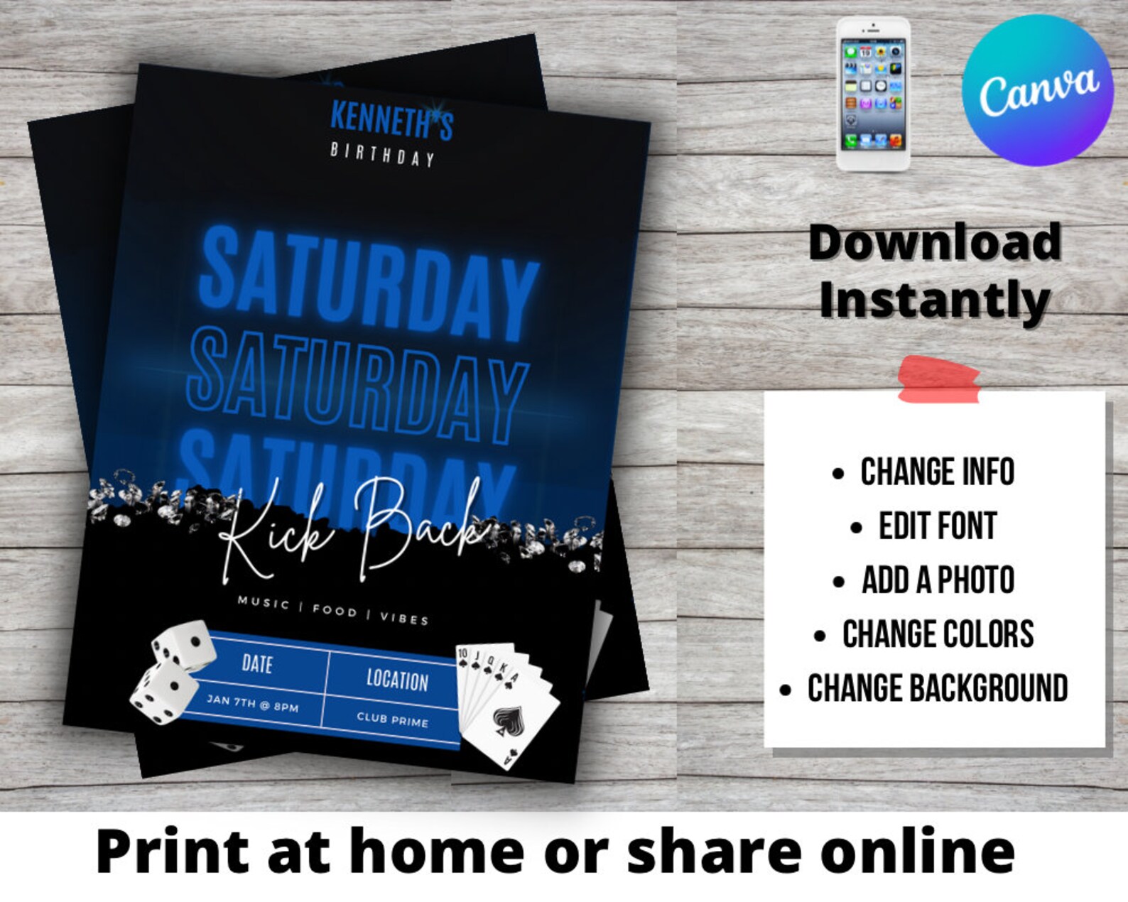 Blue Kickback Club Party Flyer Template for Canva, DIY Event Flyer